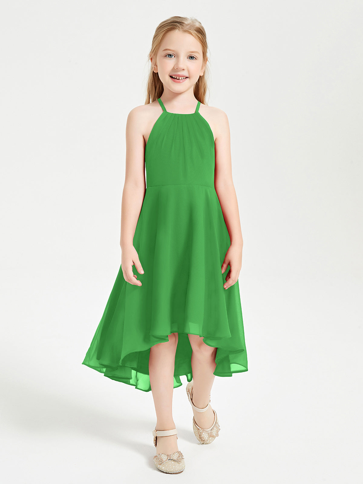 Tea Length Junior Bridesmaid Dresses with Asymmetrical Skirts Green